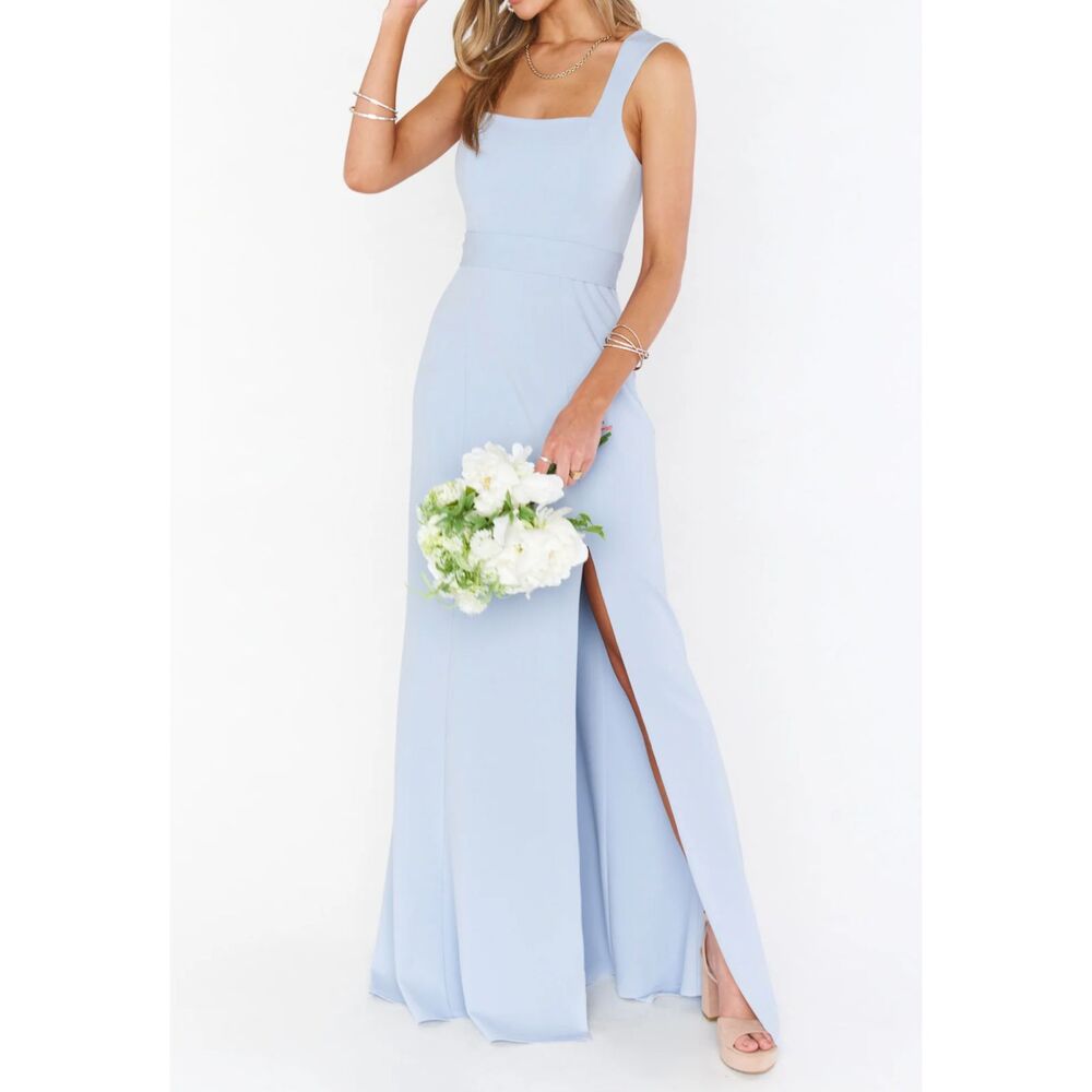 NWT Show Me Your Mumu Paris Gown Steel Blue Stretch Formal Maxi Dress Size S